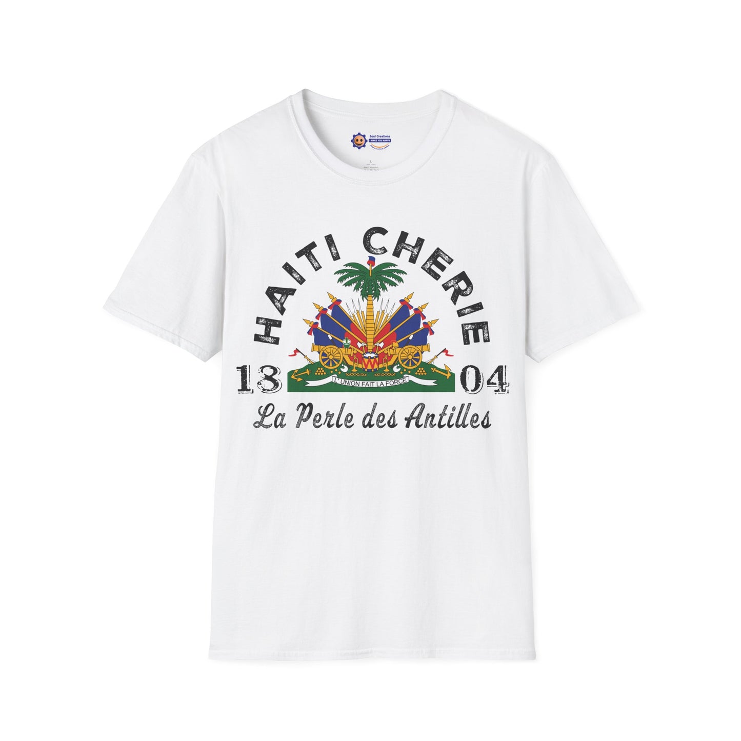 White t-shirt with 'Haiti Chérie' design featuring a palm tree and text on a white background