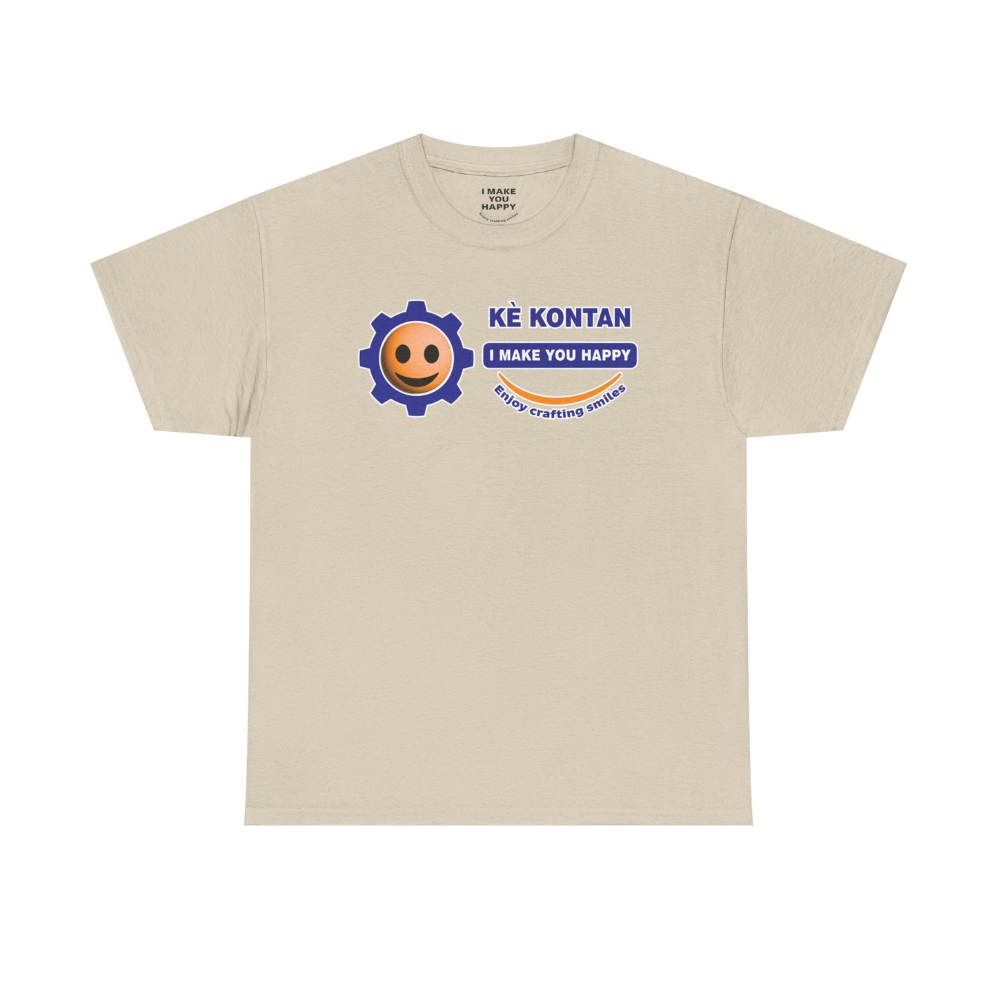 Beige t-shirt with a logo and text on a white background