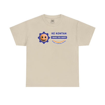 Beige t-shirt with a logo and text on a white background