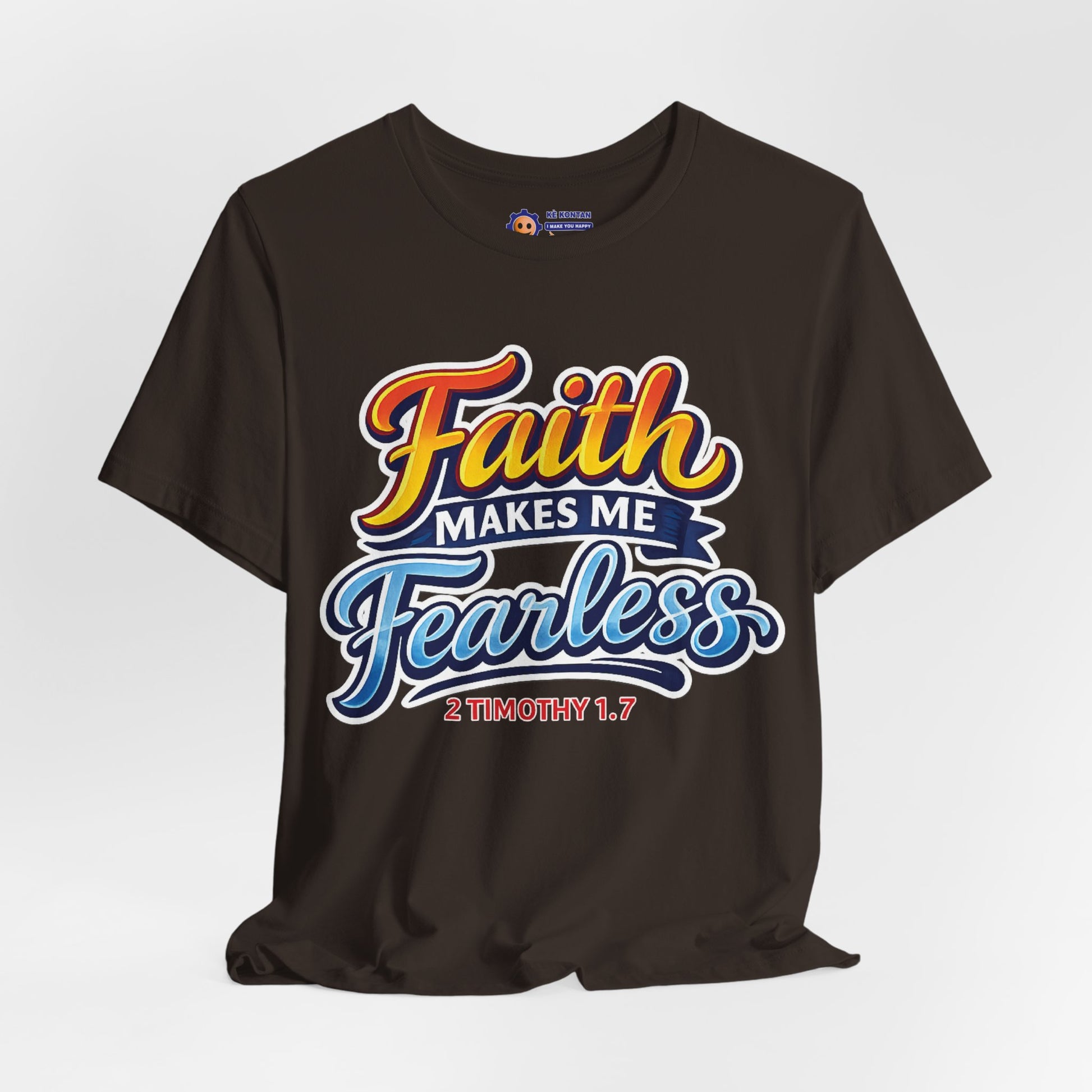Black t-shirt with 'Faith Makes Me Fearless' text design on a white background