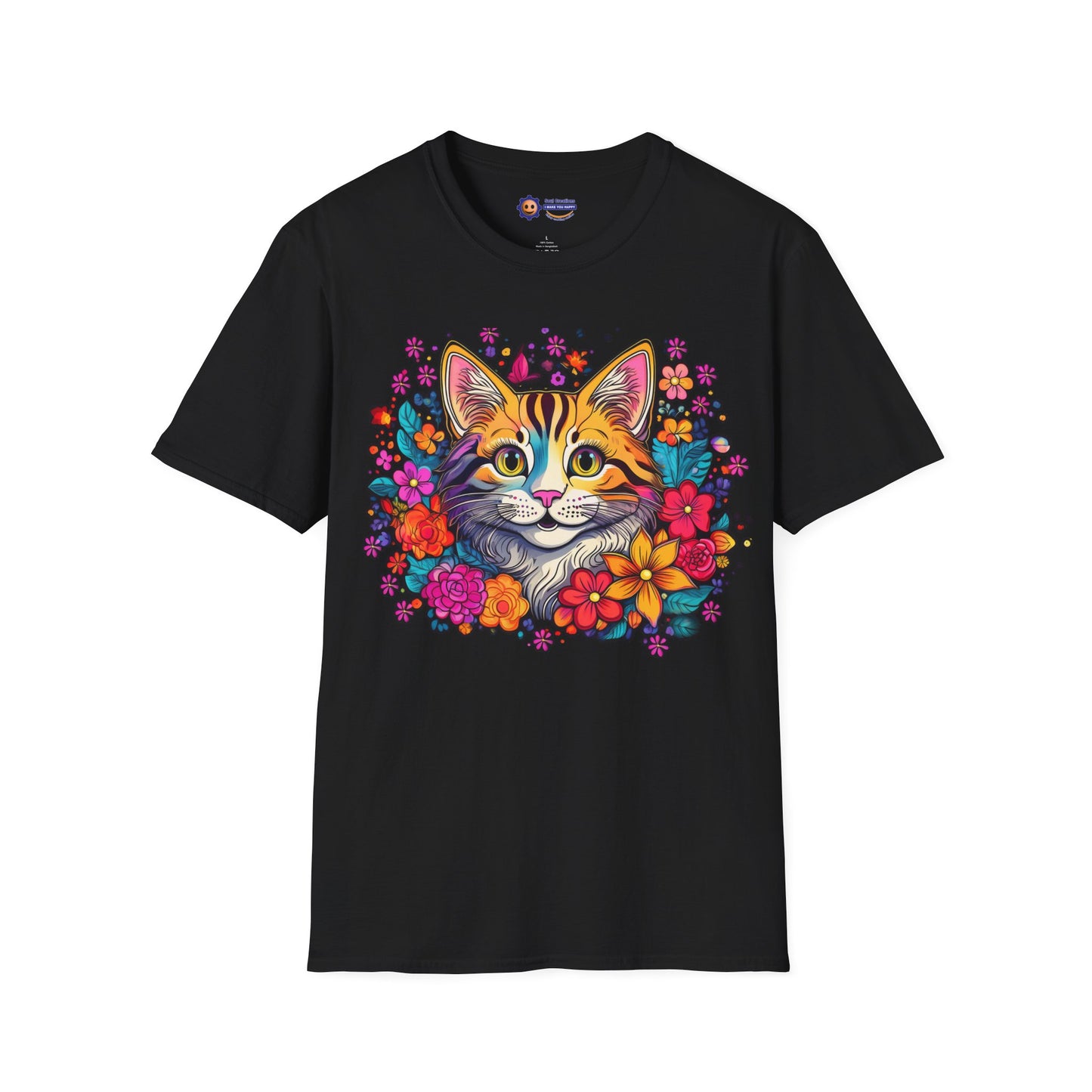 Black t-shirt with a colorful cat and floral design on a white background
