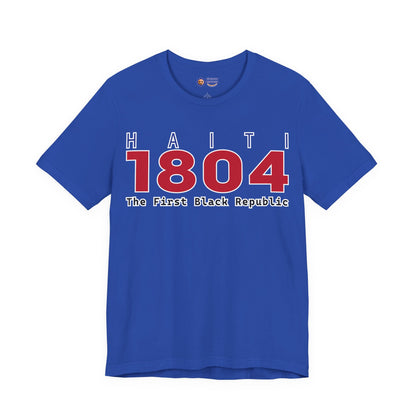 Blue t-shirt with 'Haiti 1804 The First Black Republic' text on a white background