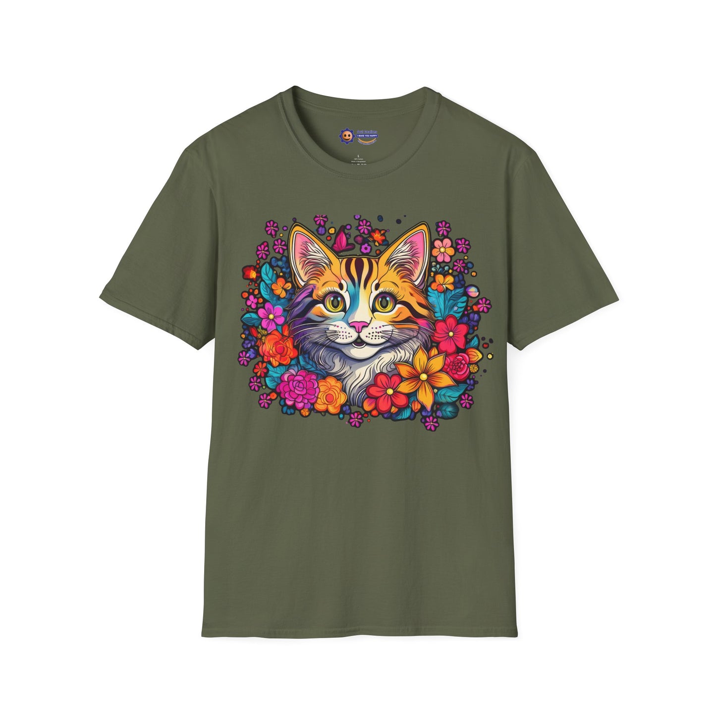 Green t-shirt with a colorful cat and floral design on a white background