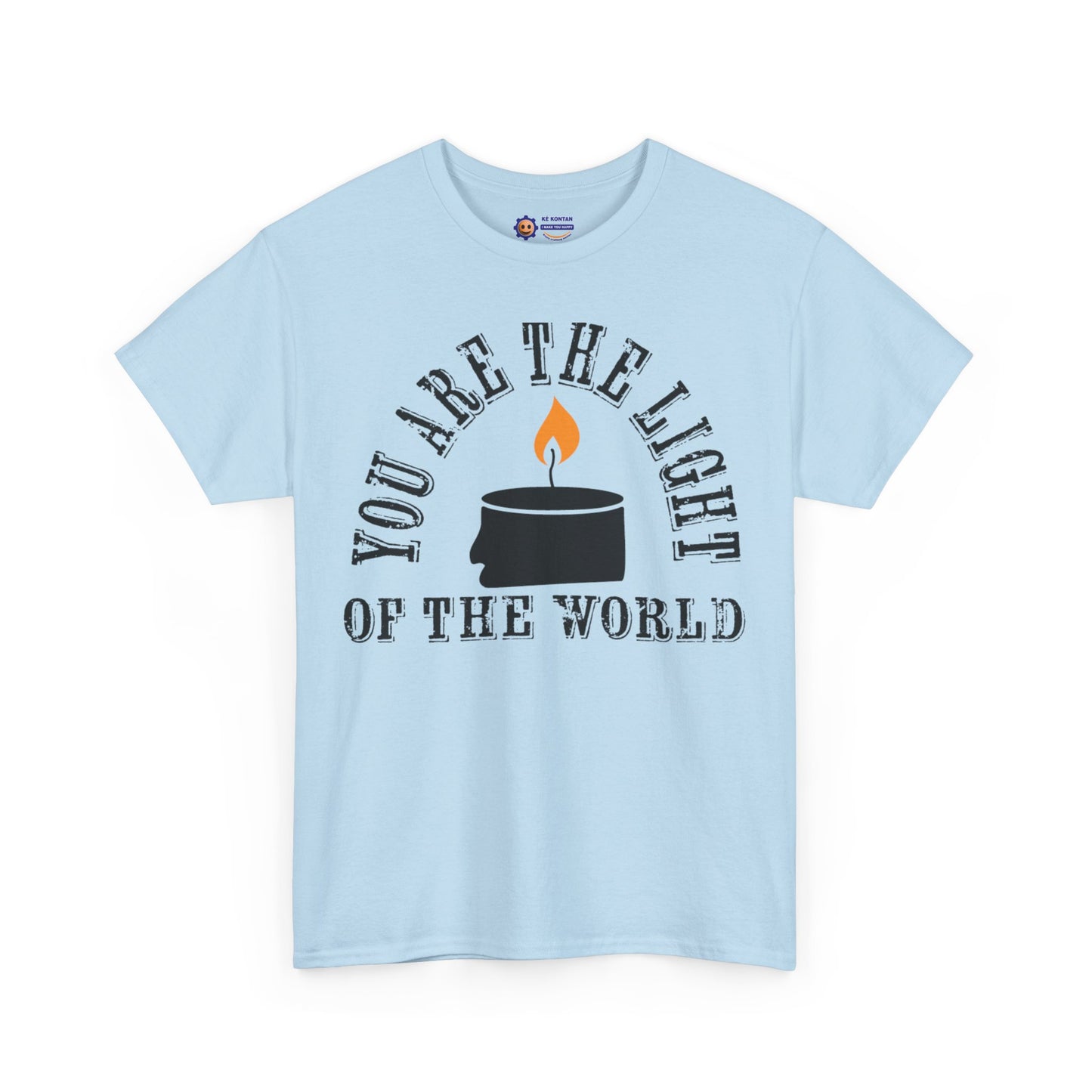 Light blue t-shirt with a graphic and text 'You are the light of the world' on a white background