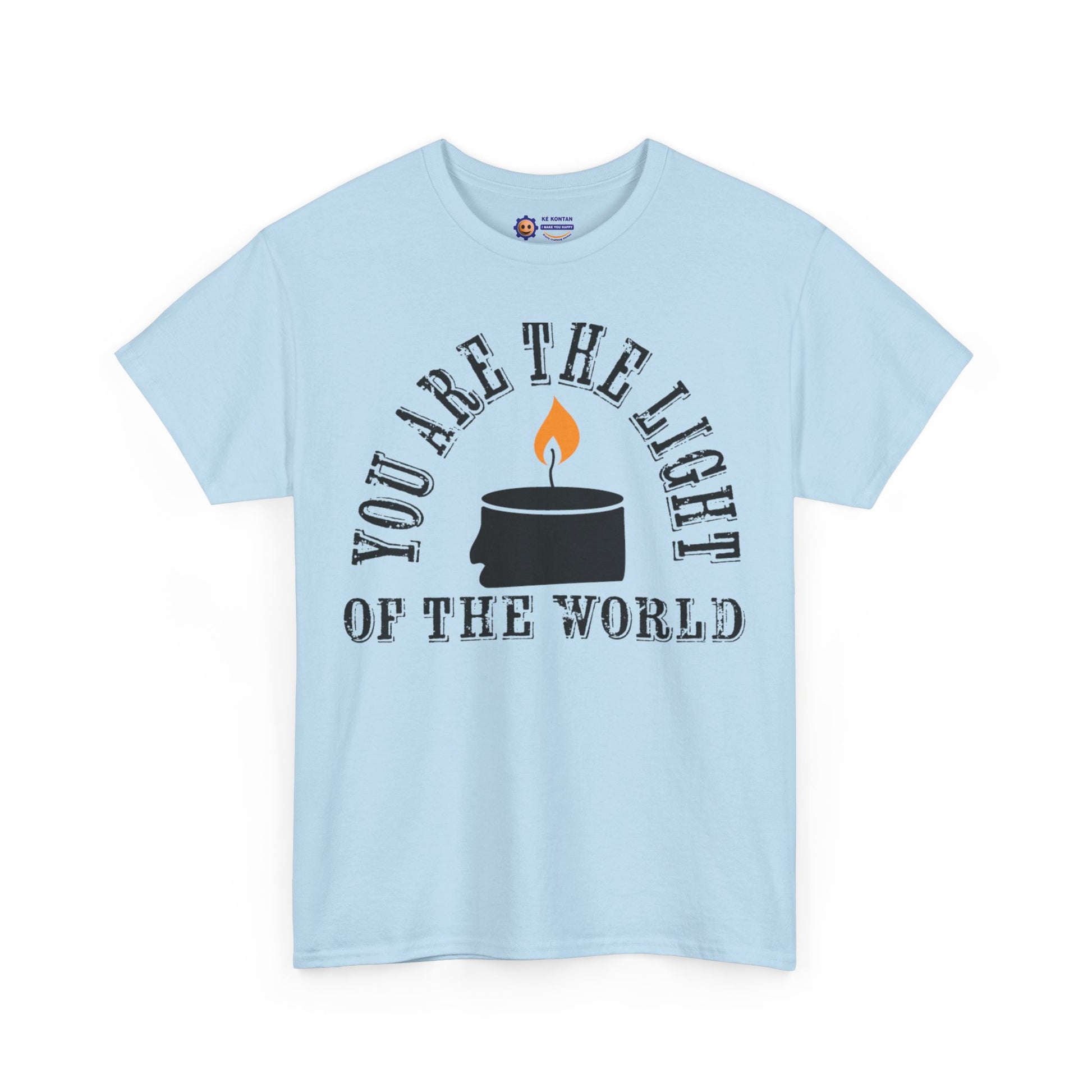Light blue t-shirt with a graphic and text 'You are the light of the world' on a white background