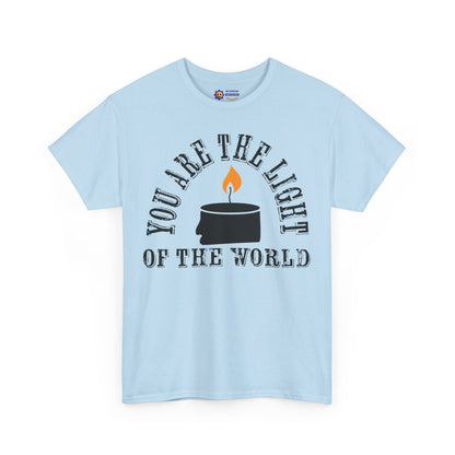 Light blue t-shirt with a graphic and text 'You are the light of the world' on a white background
