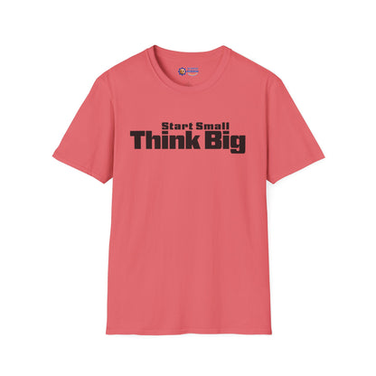 Pink t-shirt with 'Start Small Think Big' text on a white background