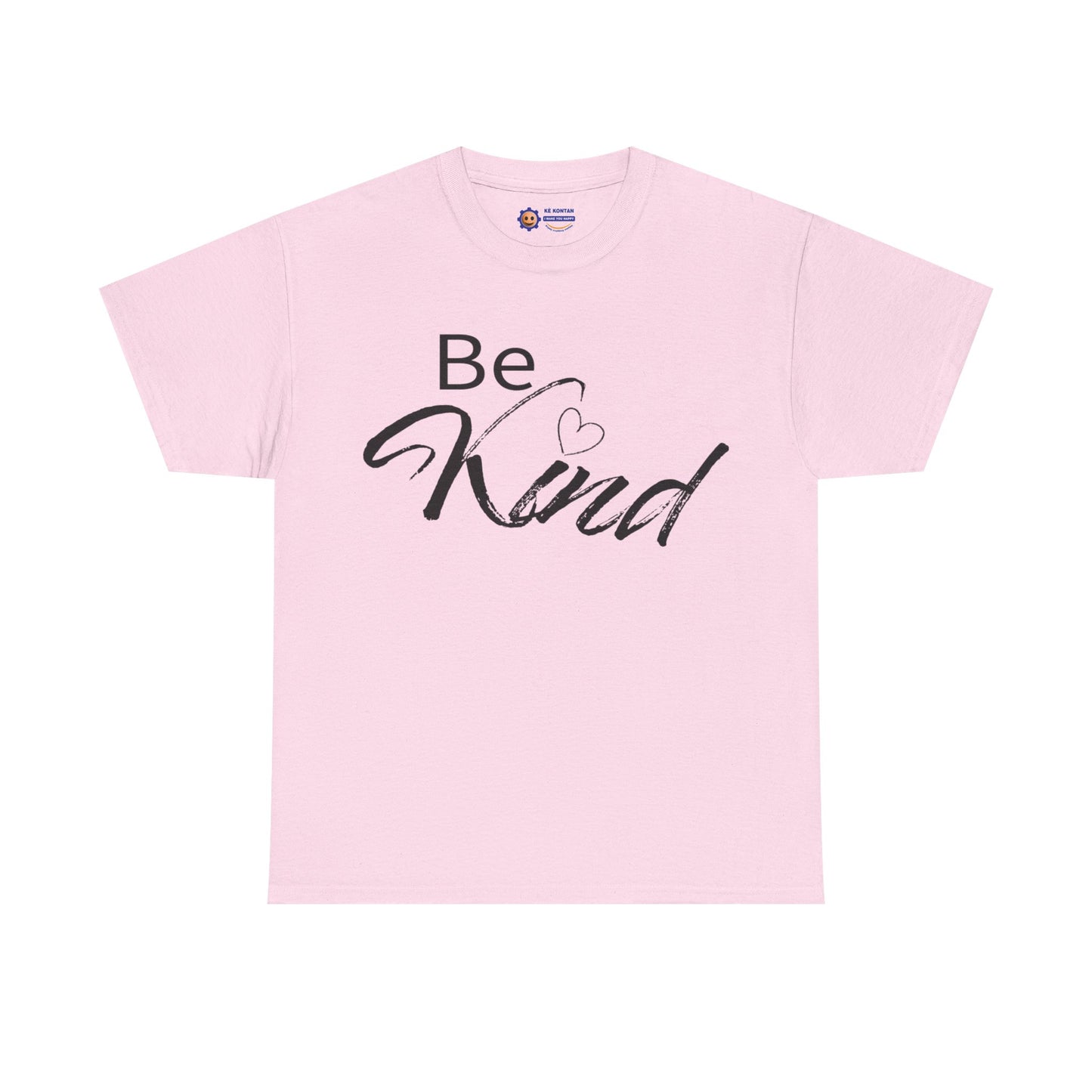 Pink t-shirt with 'Be Kind' text on a white background