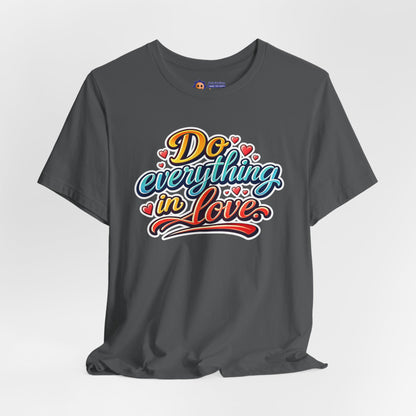 Gray t-shirt with colorful 'Do everything in Love' text design on a light gray background