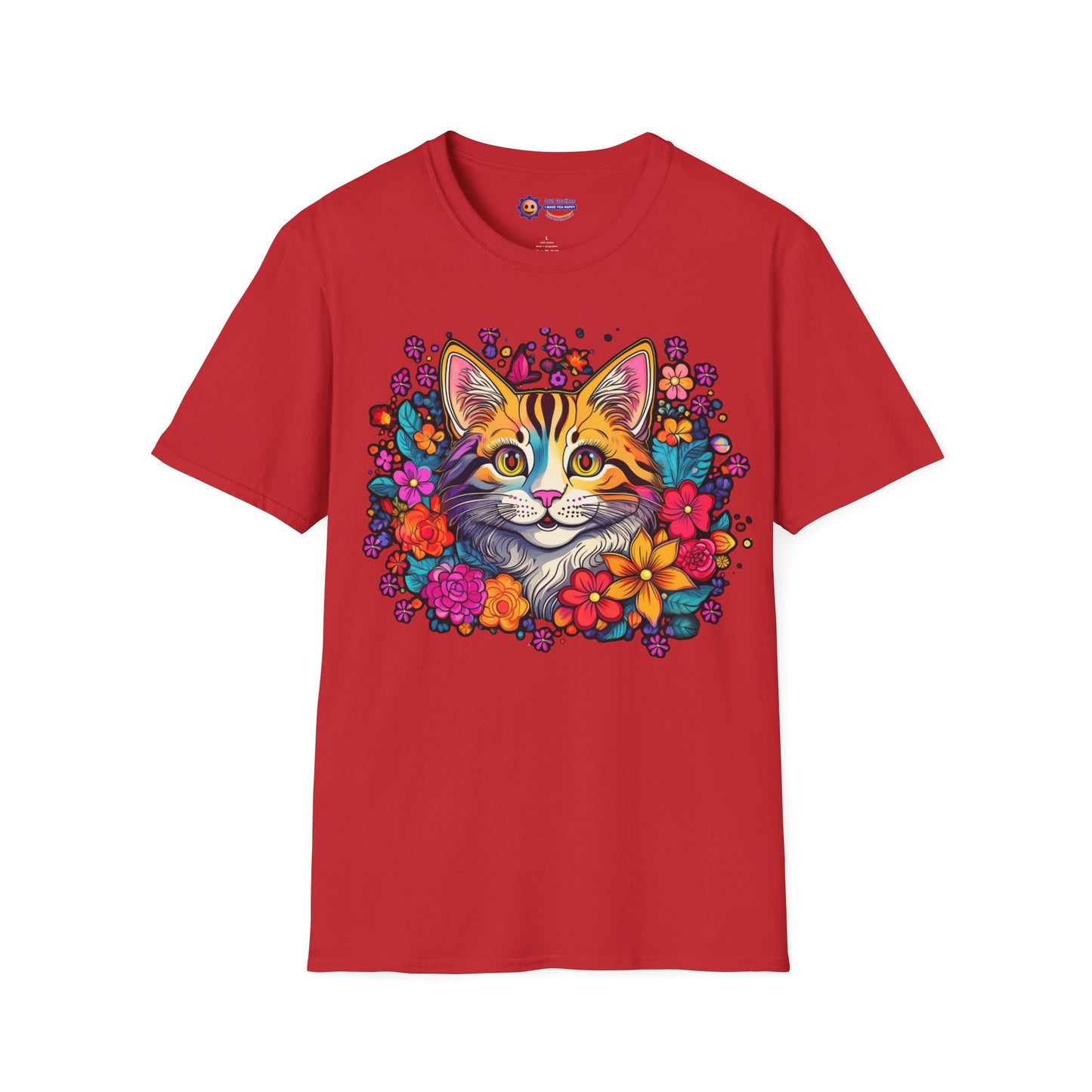 Red t-shirt with a colorful cat and floral design on a white background