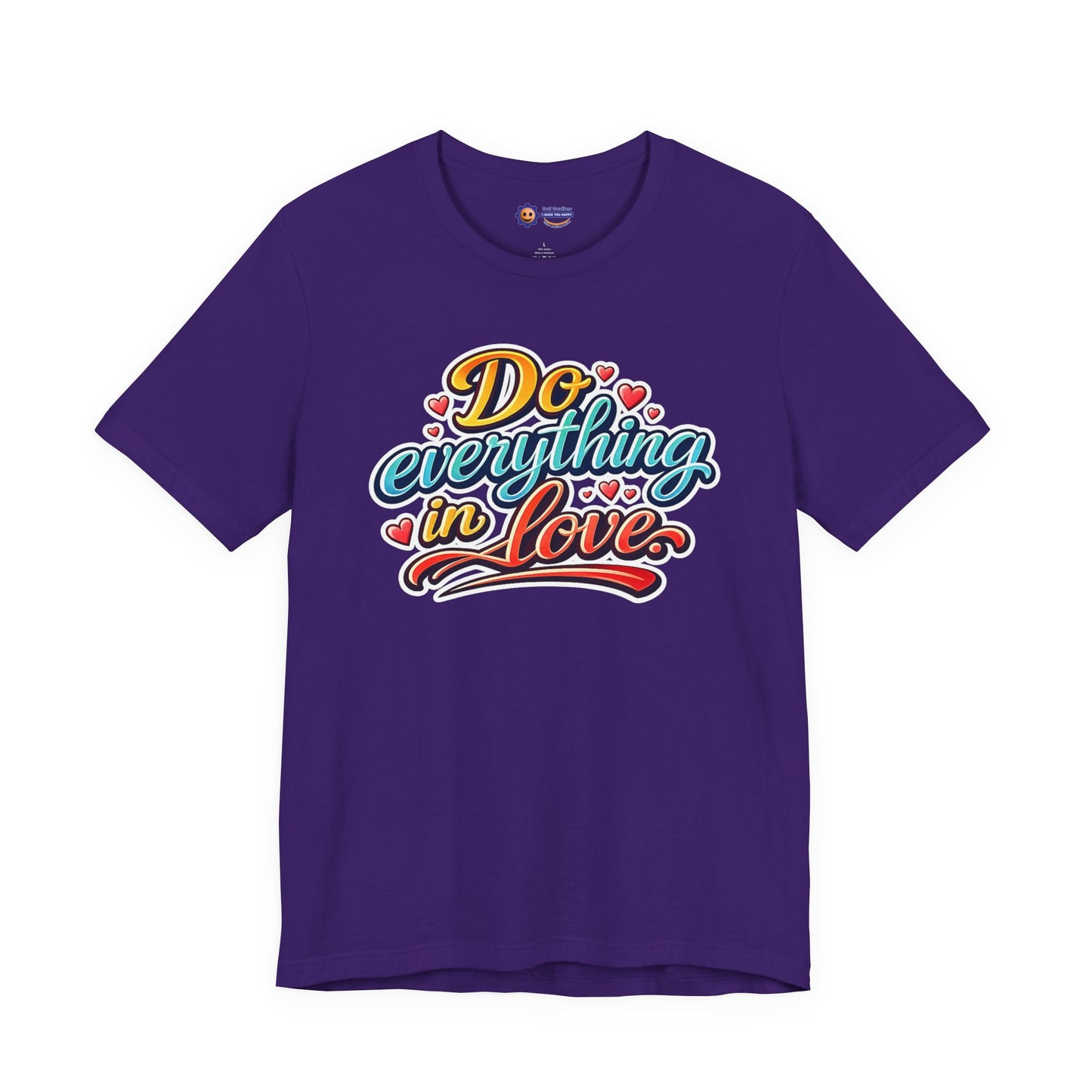 Purple t-shirt with colorful text 'Do everything in love' on a white background