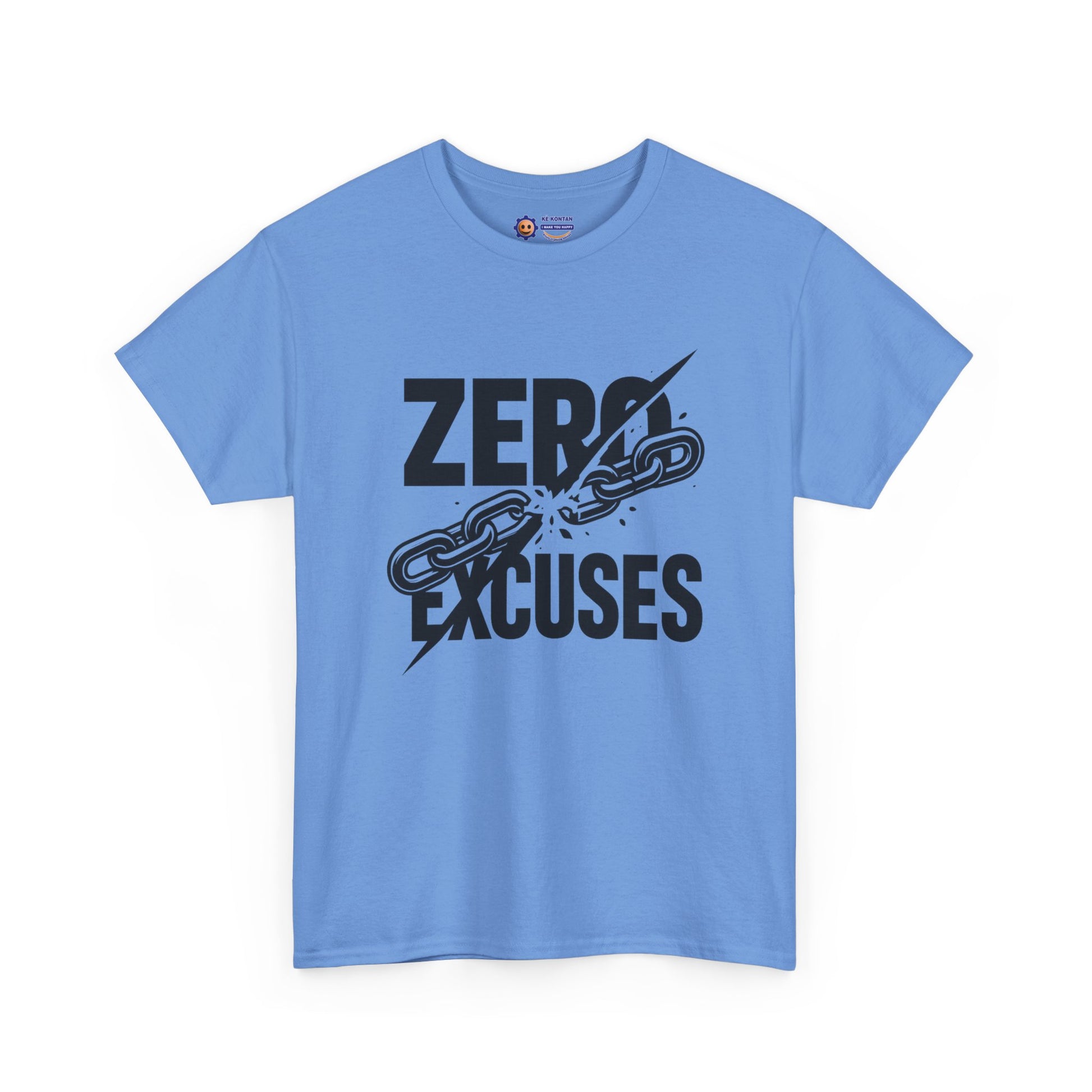 Blue t-shirt with 'Zero Excuses' graphic design on a white background