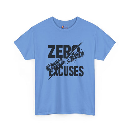 Blue t-shirt with 'Zero Excuses' graphic design on a white background