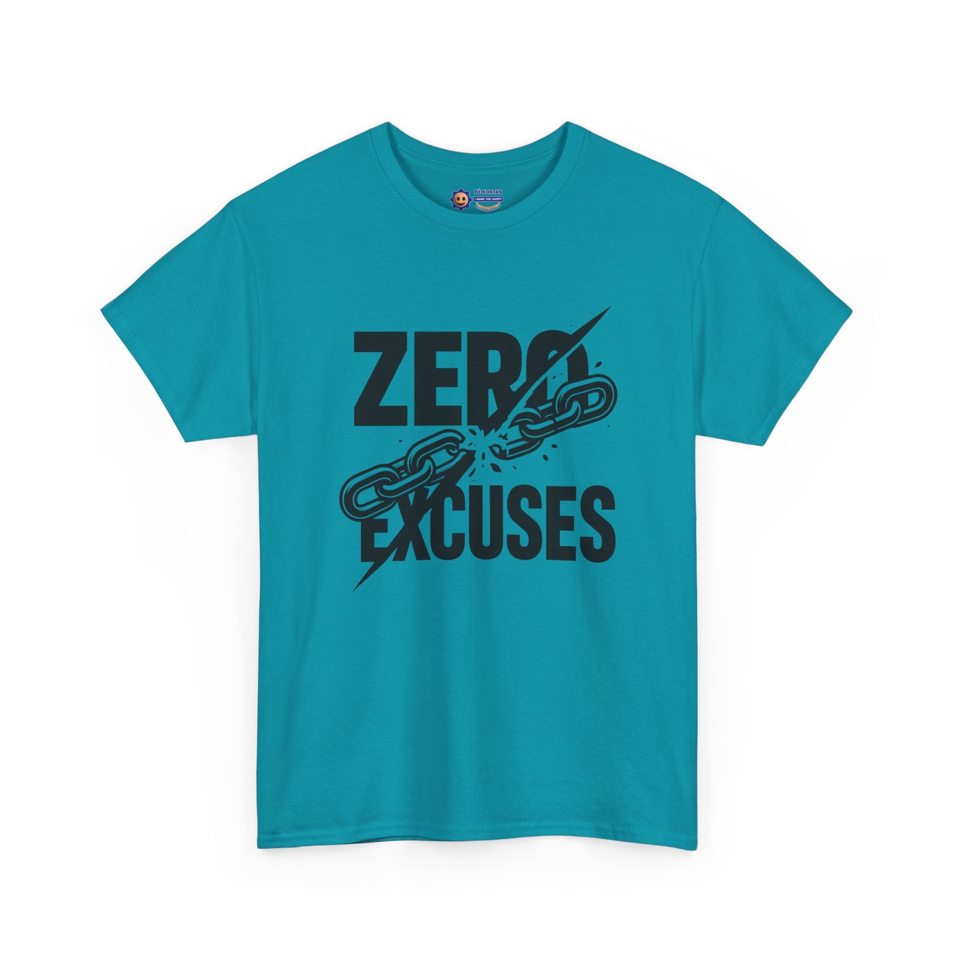 Turquoise t-shirt with 'Zero Excuses' text on a white background
