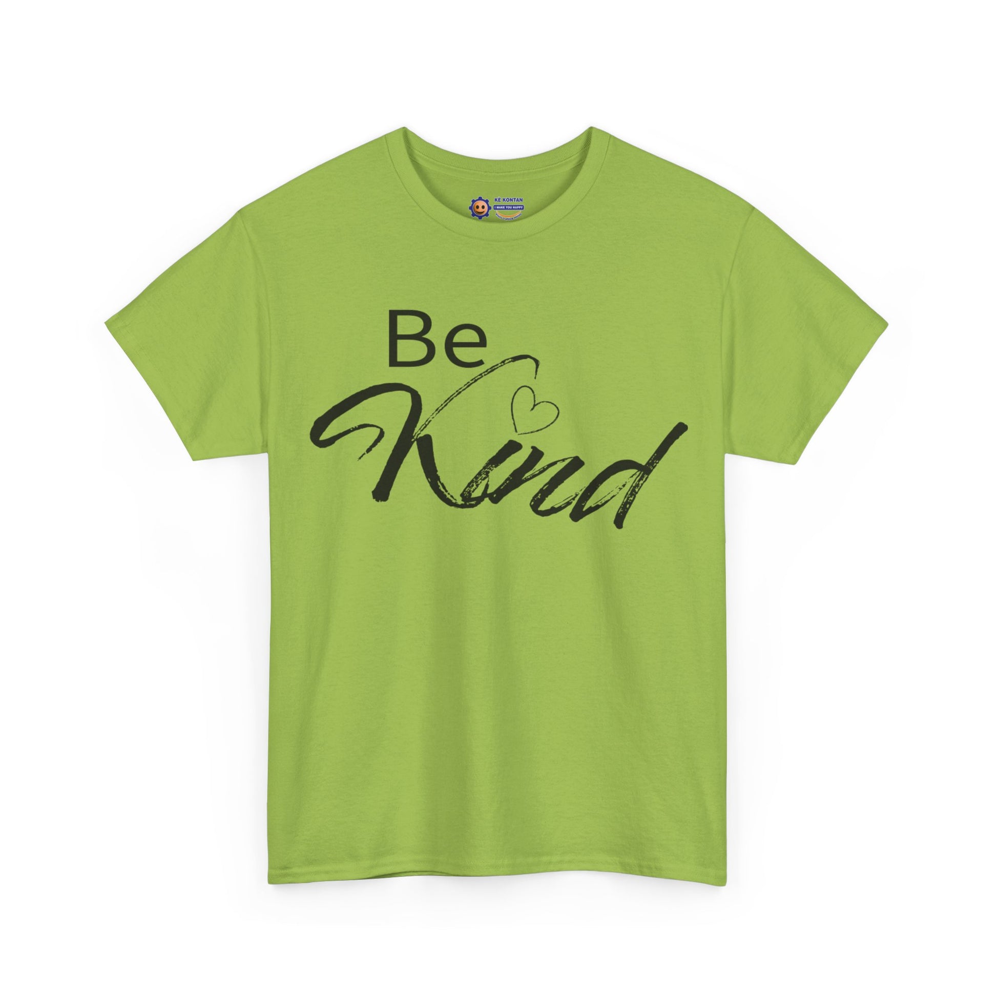 Green t-shirt with 'Be Kind' text on a white background