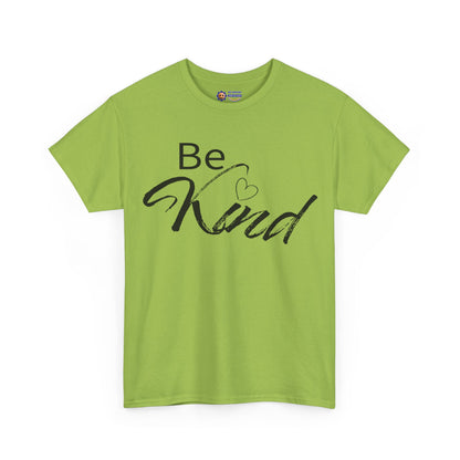 Green t-shirt with 'Be Kind' text on a white background