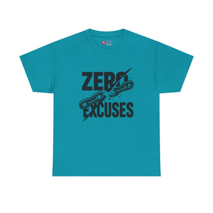 Blue t-shirt with 'Zero Excuses' text and chain graphic on a white background