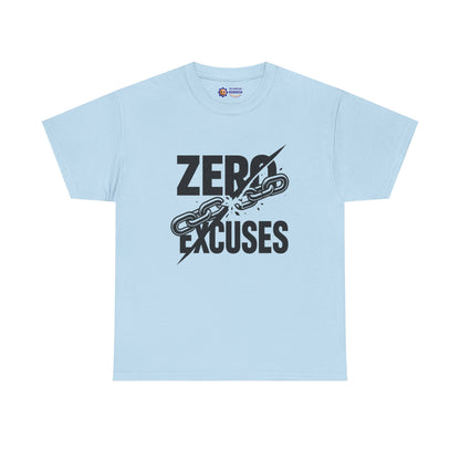 Light blue t-shirt with 'Zero Excuses' graphic design on a white background