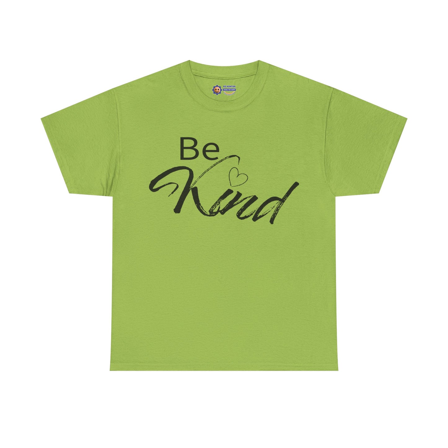 Green t-shirt with 'Be Kind' text on a white background