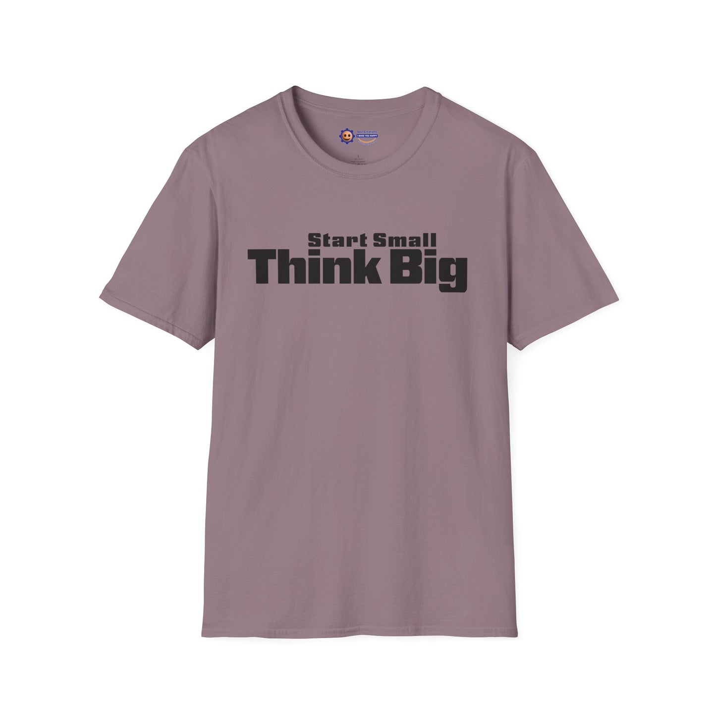 Mauve t-shirt with 'Start Small Think Big' text on a white background