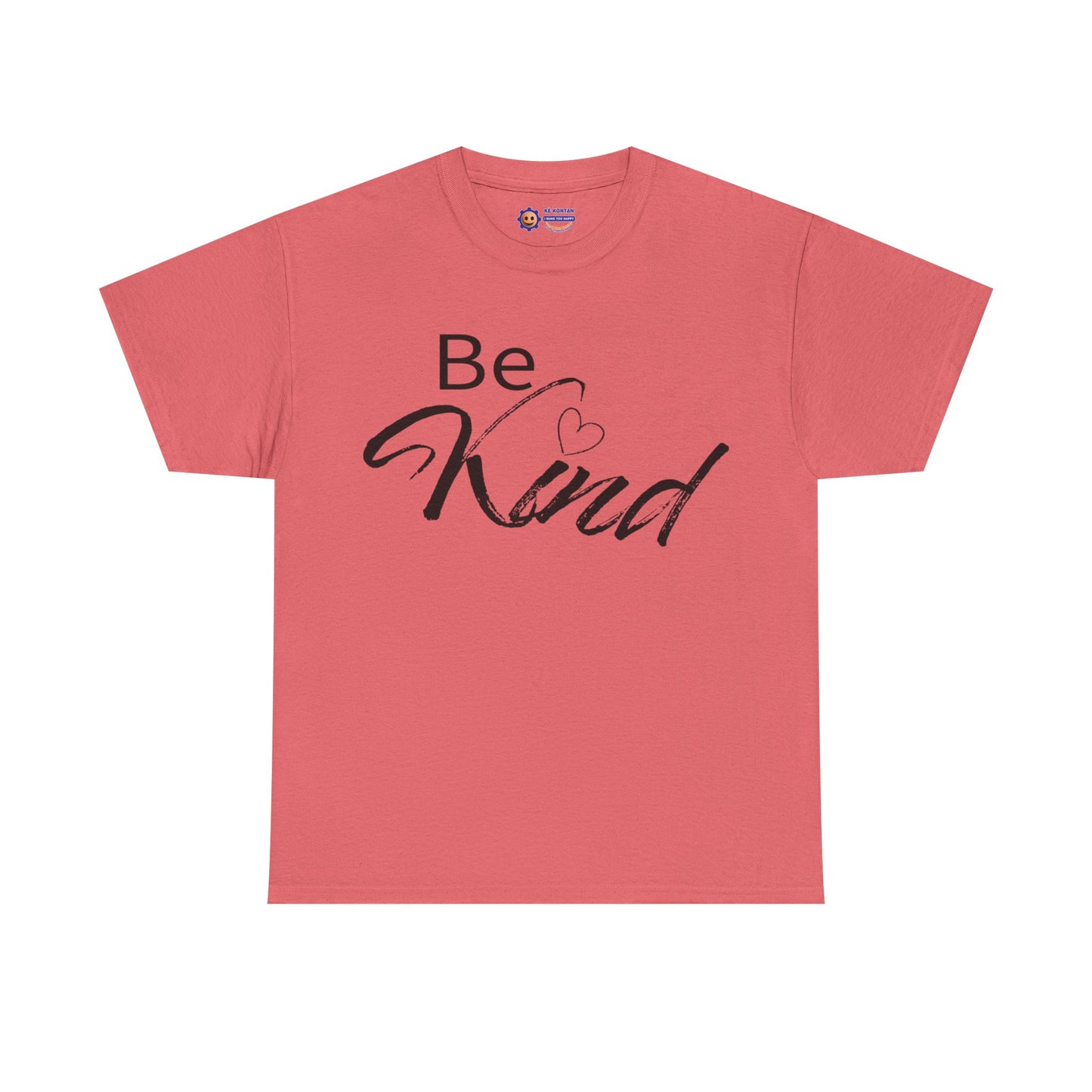 Red t-shirt with 'Be Kind' text on a white background