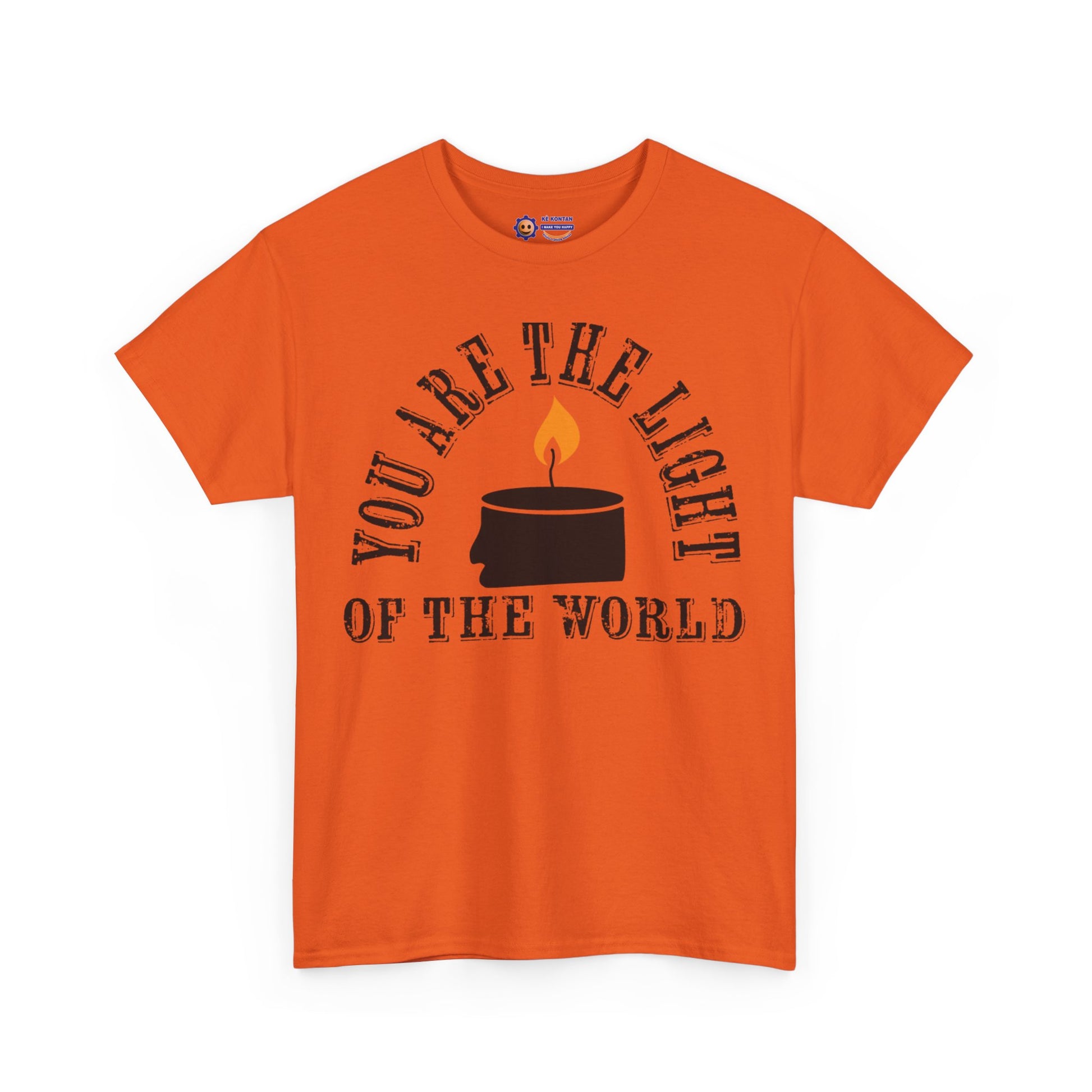 Orange t-shirt with a candle graphic and text on a white background
