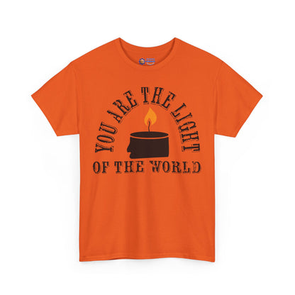 Orange t-shirt with a candle graphic and text on a white background