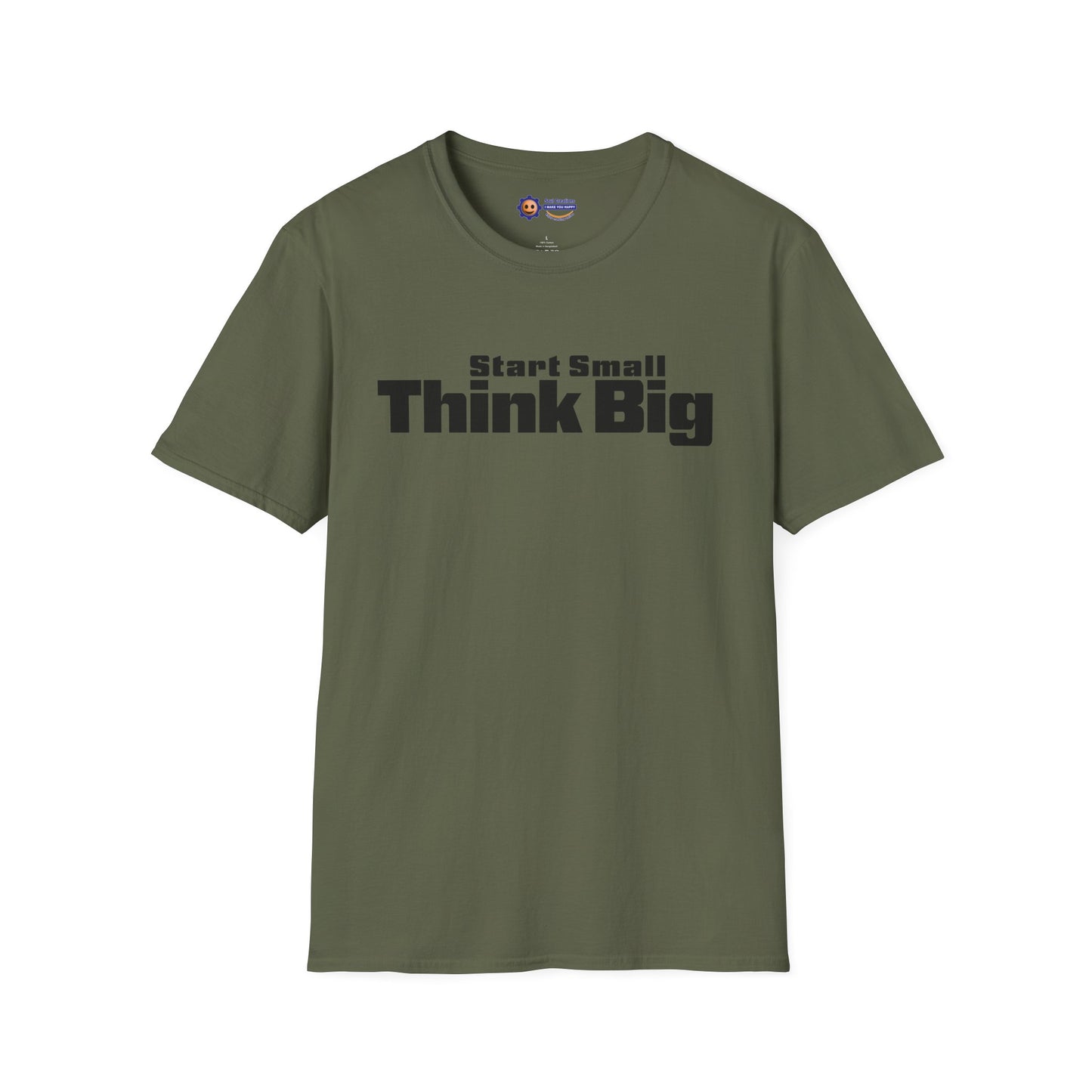 Green t-shirt with 'Start Small Think Big' text on a white background