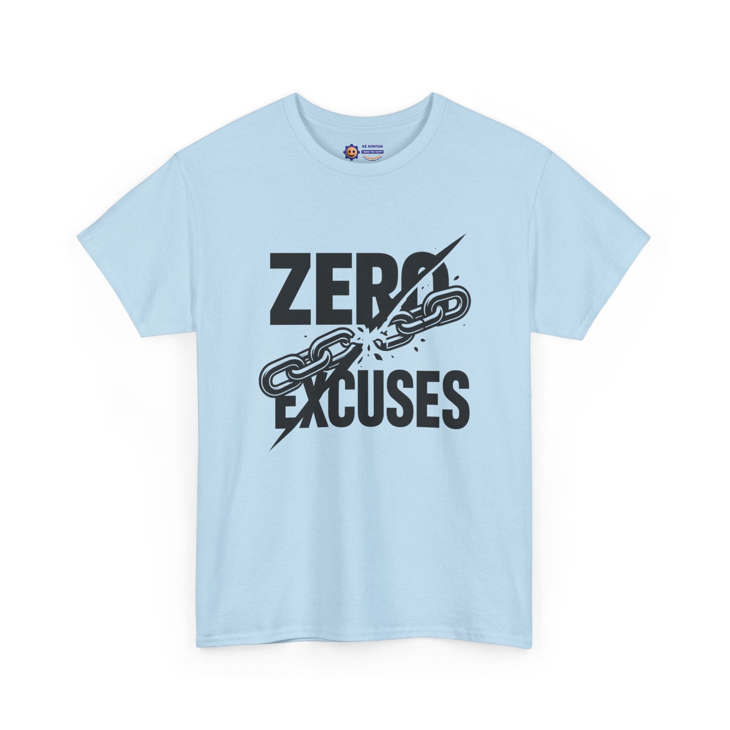 Light blue t-shirt with 'Zero Excuses' graphic design on a white background