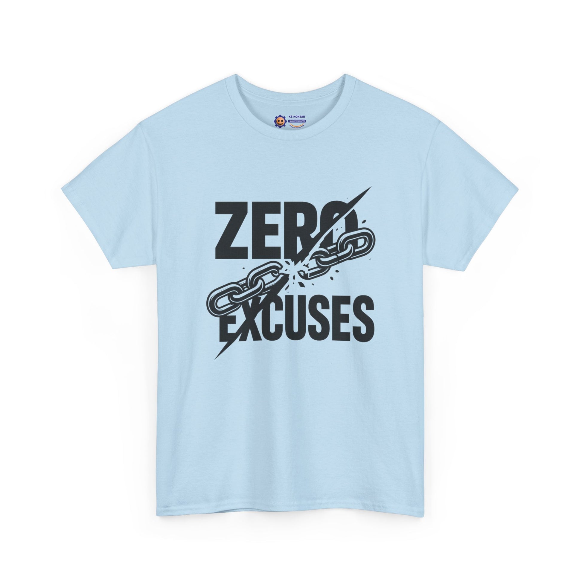 Light blue t-shirt with 'Zero Excuses' graphic design on a white background