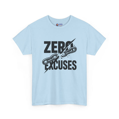 Light blue t-shirt with 'Zero Excuses' graphic design on a white background