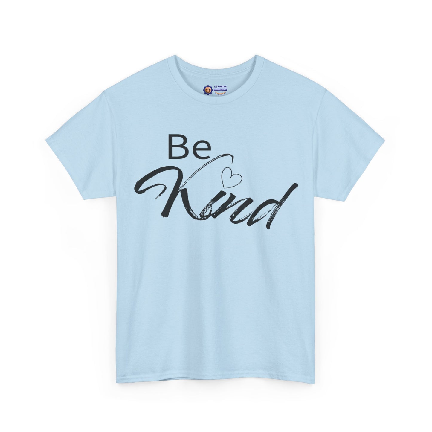 Light blue t-shirt with 'Be Kind' text on a white background