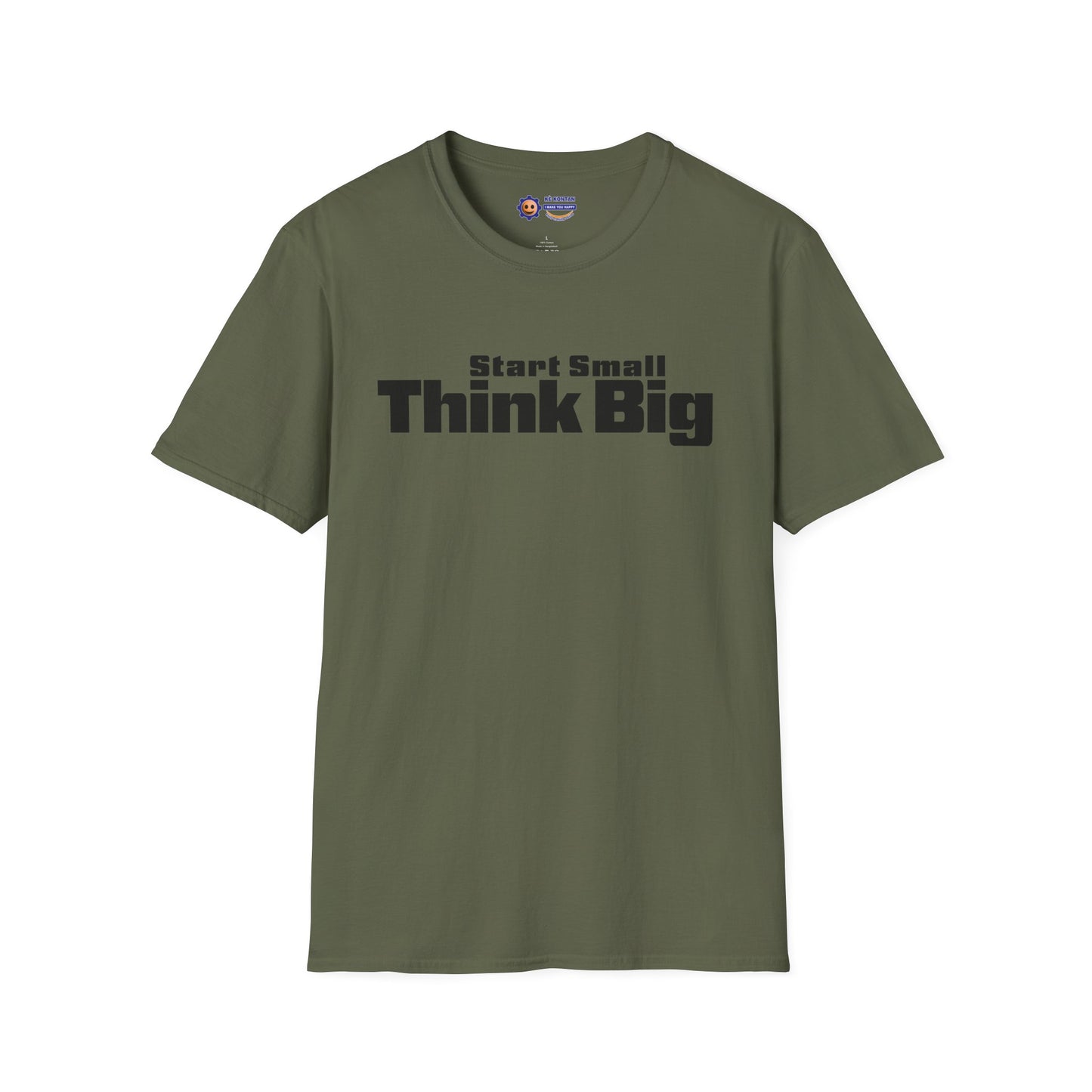 Green t-shirt with 'Start Small Think Big' text on a white background
