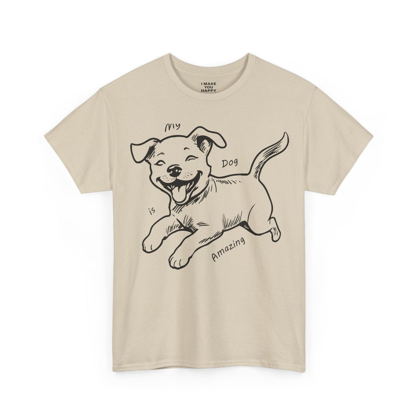 Beige t-shirt with a black dog illustration and text on a white background