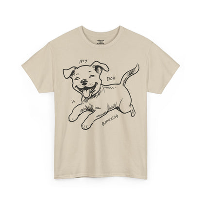 Beige t-shirt with a black dog illustration and text on a white background