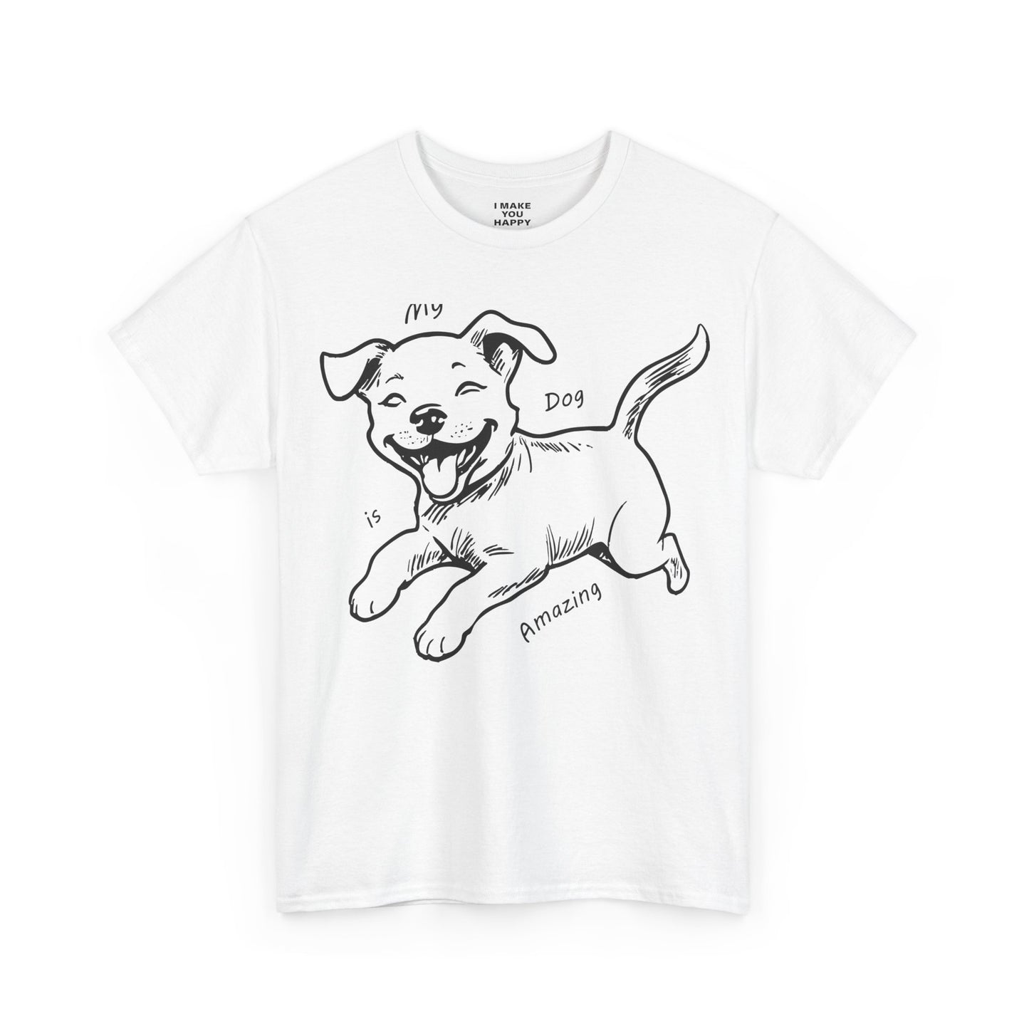 White t-shirt with a black dog illustration and text on a white background