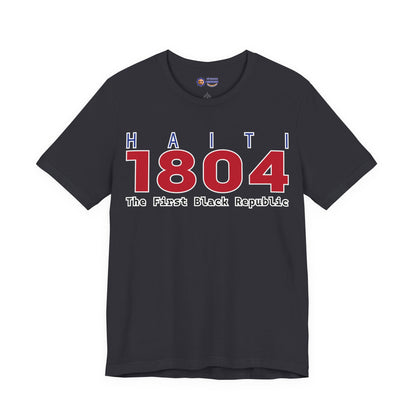 Black t-shirt with 'Haiti 1804 The First Black Republic' text on a white background