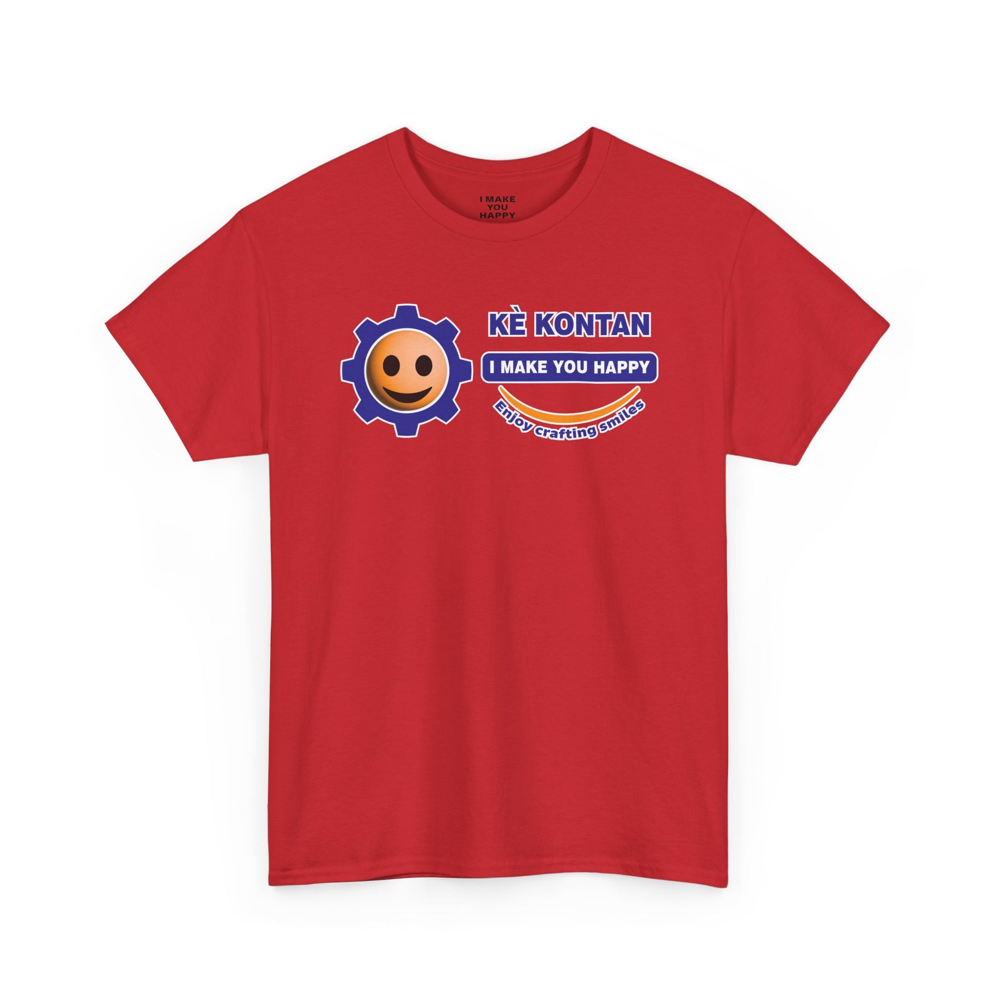 Red t-shirt with a smiley face and text design on a white background