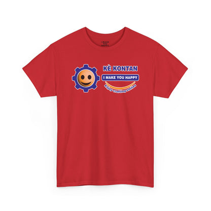 Red t-shirt with a smiley face and text design on a white background