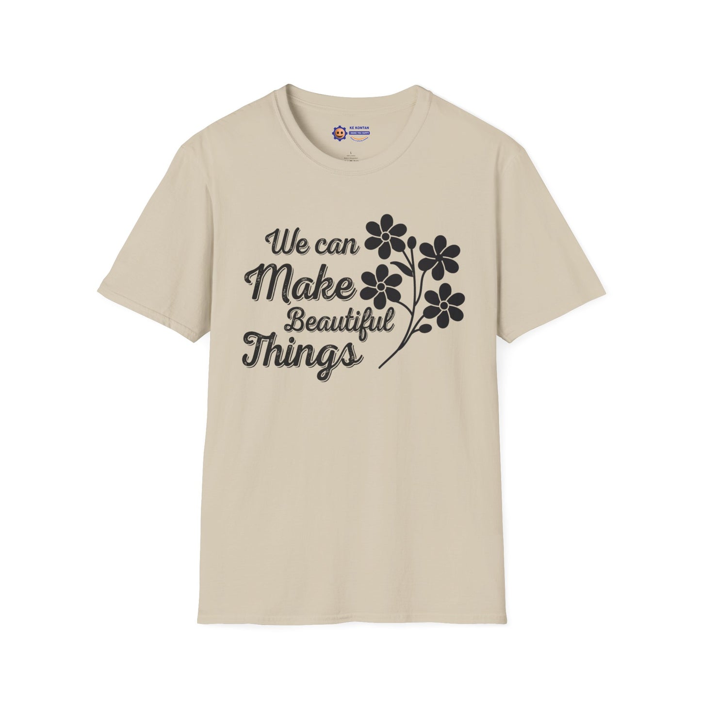 Beige t-shirt with black text and floral design on a white background