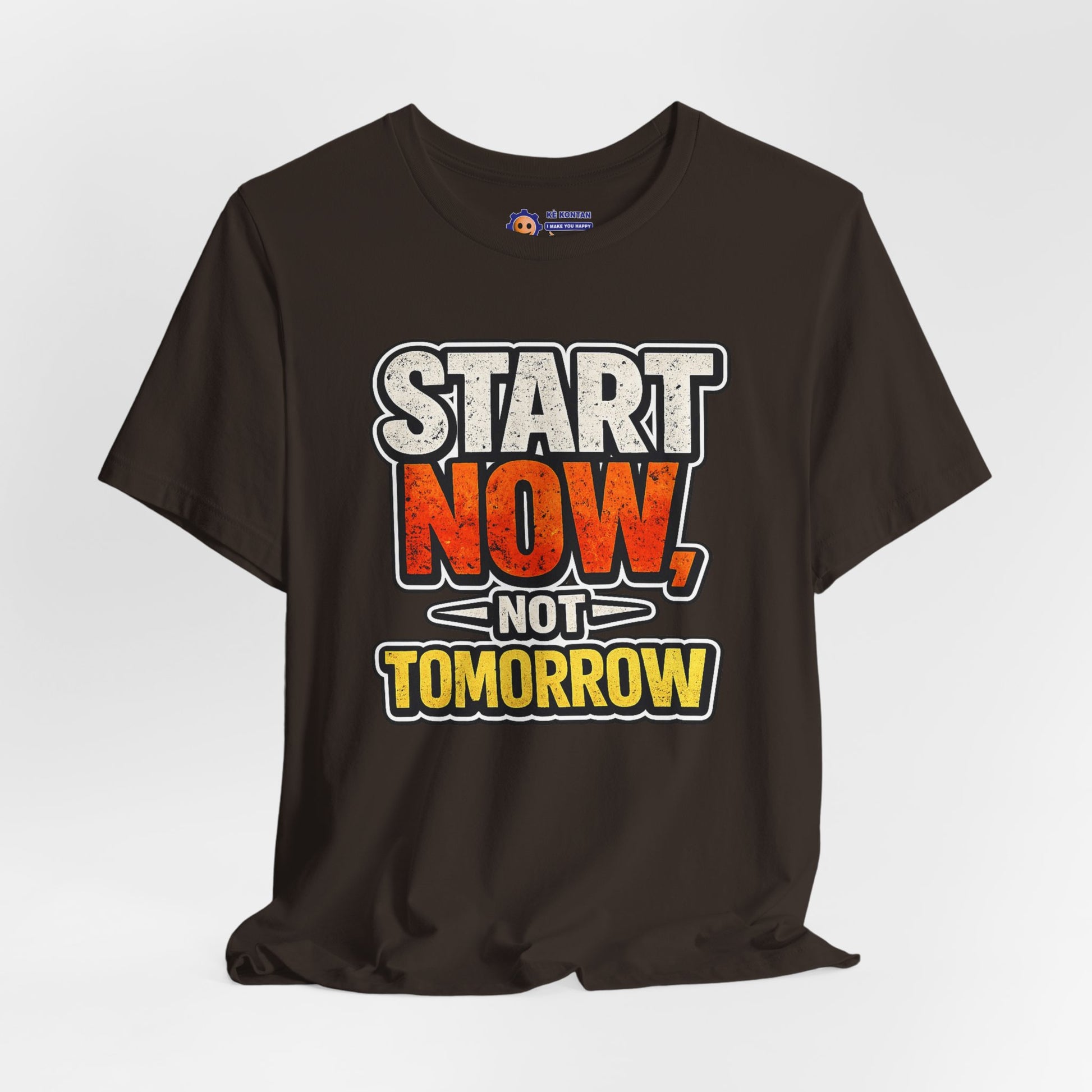 Black t-shirt with motivational text 'Start Now, Not Tomorrow' on a white background