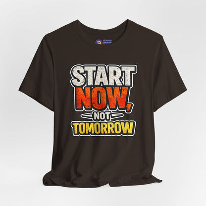 Black t-shirt with motivational text 'Start Now, Not Tomorrow' on a white background