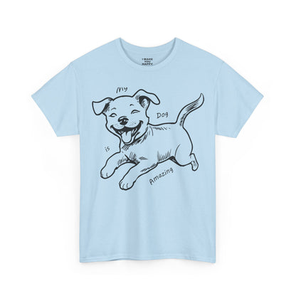 Light blue t-shirt with a black dog illustration and text on a white background