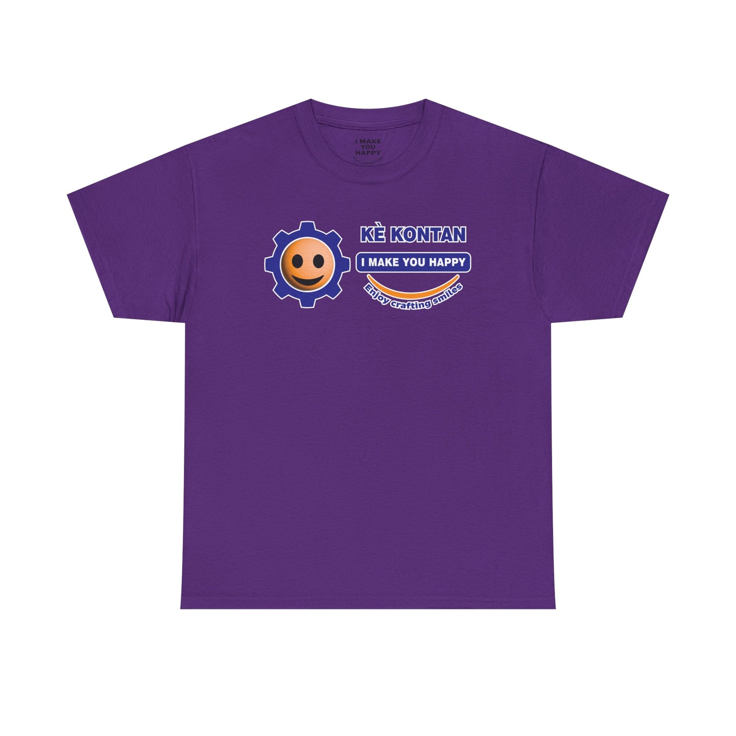 Purple t-shirt with a smiley face and text design on a white background