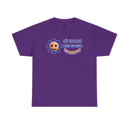 Purple t-shirt with a smiley face and text design on a white background