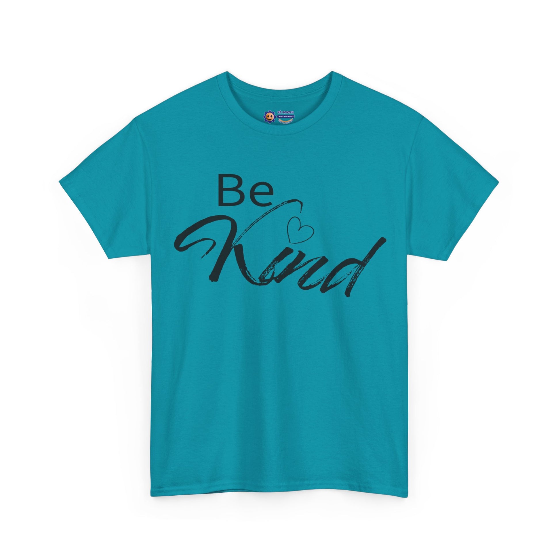 Turquoise t-shirt with 'Be Kind' text on a white background