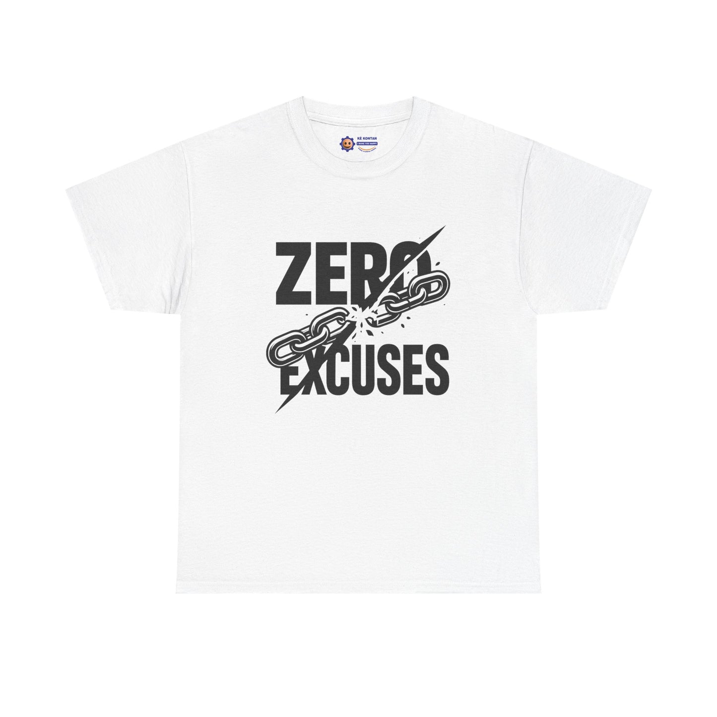 White t-shirt with 'Zero Excuses' graphic design on a white background