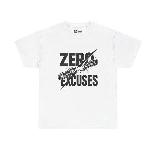 White t-shirt with 'Zero Excuses' graphic design on a white background