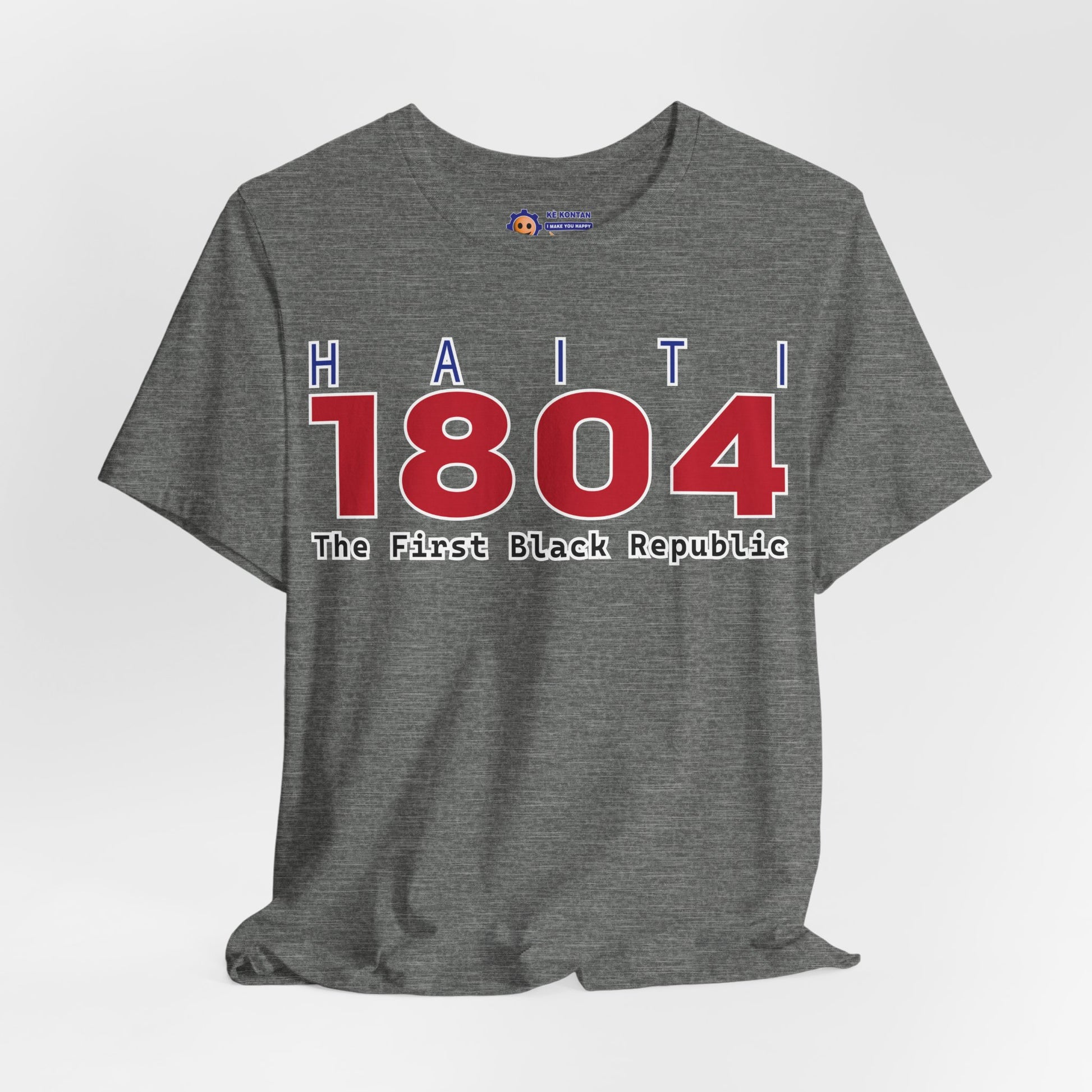 Gray t-shirt with 'Haiti 1804 The First Black Republic' text on a white background