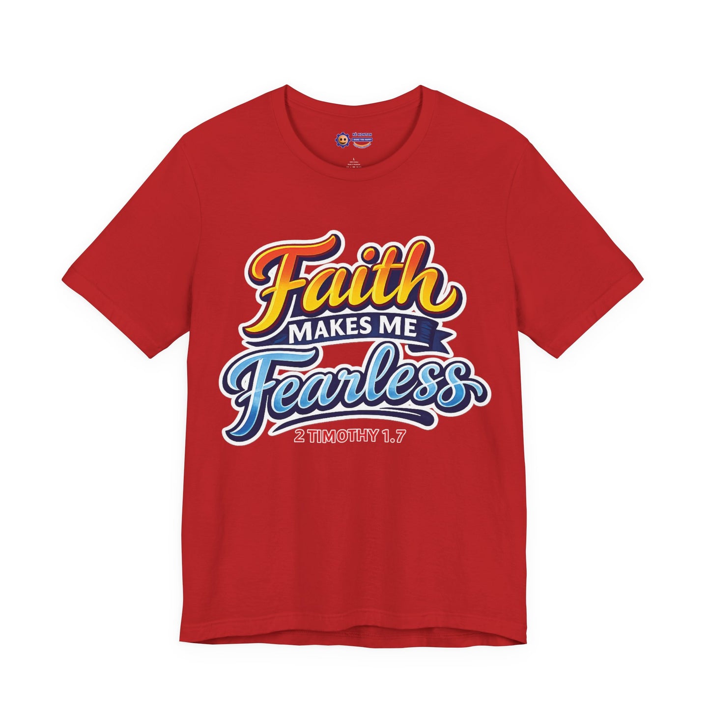 Red t-shirt with 'Faith Makes Me Fearless' text design on a white background